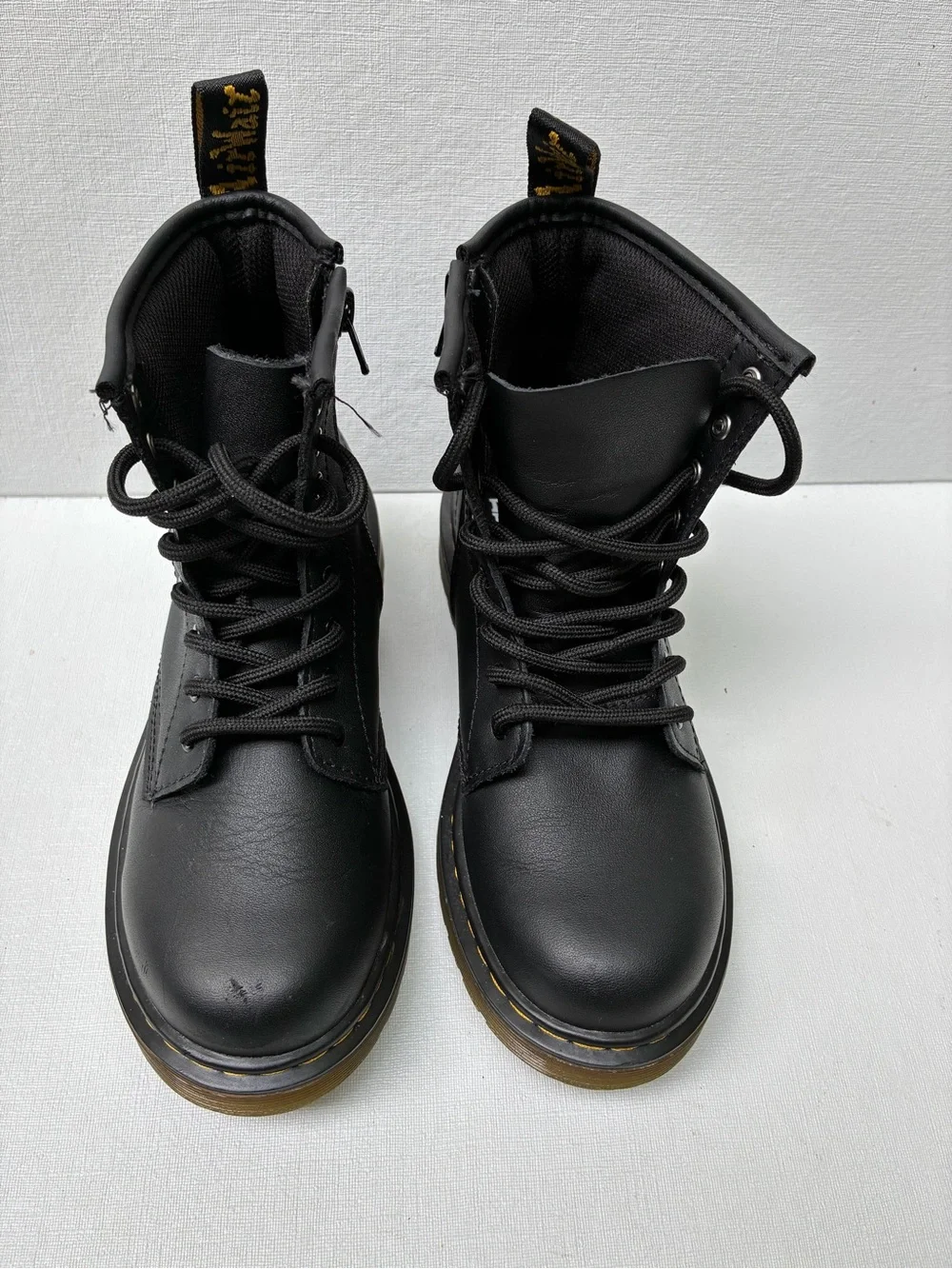 Dr. Martens Teens US 3 Black Leather Combat Ankle Boots Lace-Up Side Zipper
